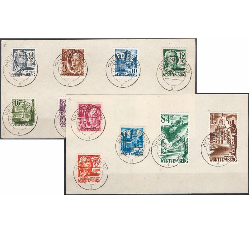 Germania Occup. - Wurttemberg - Zona Francese - 1947 - 2 Ampi frammenti affrancati con serie Illustri, n° 1/13 (U/Fr).