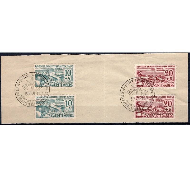 Germania Occup. - Wurttemberg - Zona Francese - 1949 - Ampio frammento affrancato con due serie dei Campionati di sci tedeschi e