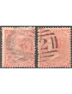Gran Bretagna - 1862 - Regina Vittoria 4 p. arancio filigrana grande giarrettiera le due tavole note (3-4), n° 25. Cat. € 175 (U