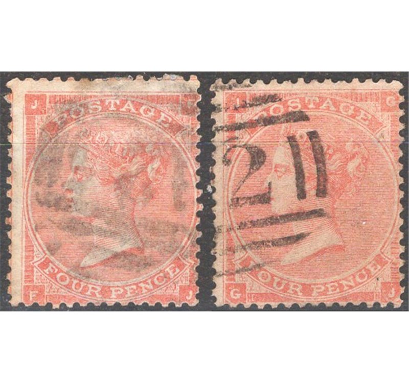 Gran Bretagna - 1862 - Regina Vittoria 4 p. arancio filigrana grande giarrettiera le due tavole note (3-4), n° 25. Cat. € 175 (U