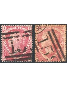 Gran Bretagna - 1870 - Regina Vittoria 1½ p. rosso carminio la serie delle 2 tavole note (1-3), n° 50. Cat. € 140 (U)
