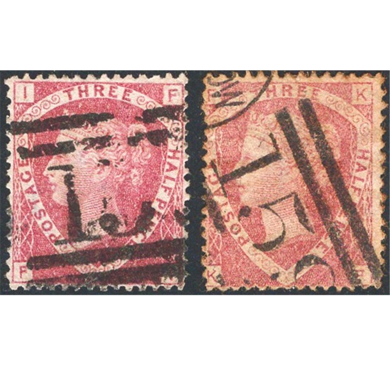 Gran Bretagna - 1870 - Regina Vittoria 1½ p. rosso carminio la serie delle 2 tavole note (1-3), n° 50. Cat. € 140 (U)