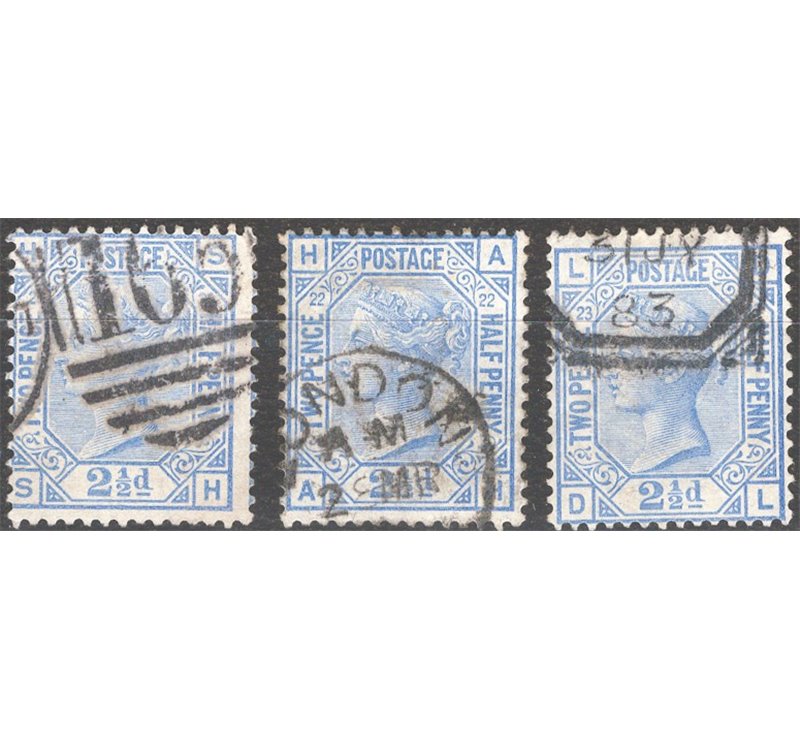 Gran Bretagna - 1881 - Regina Vittoria 2½ azzurro, le tre tavole conosciute, n° 62. Cat. € 105 (U)