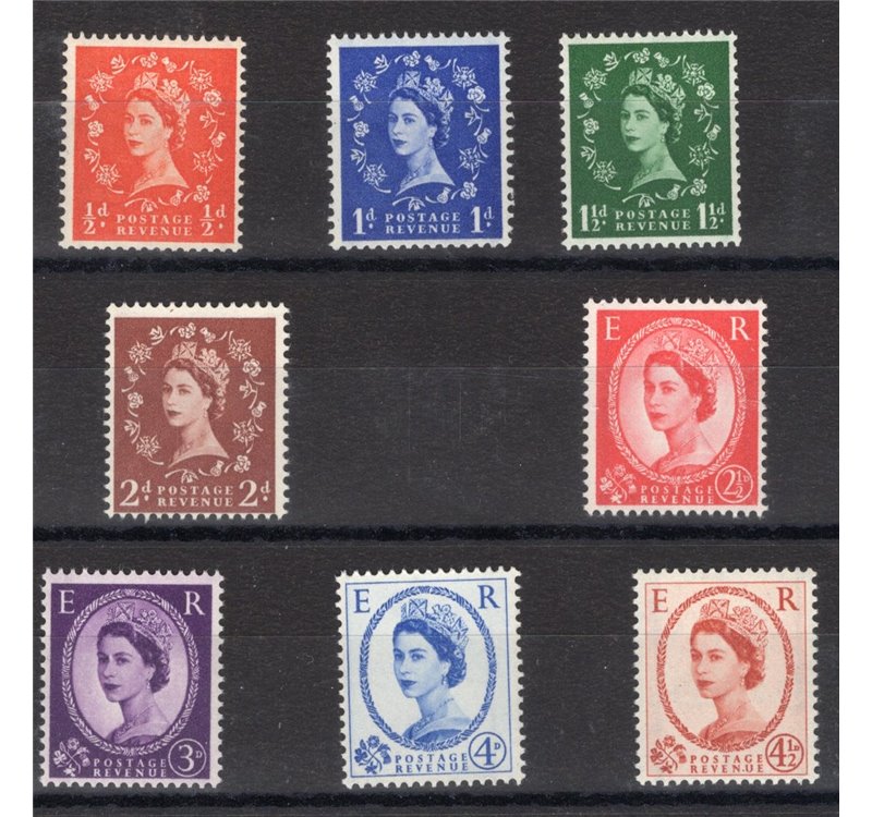 Gran Bretagna - 1958/59 - Elisabetta II con linee di grafite al verso, serie n° 343/50. Cat. € 195 (**)