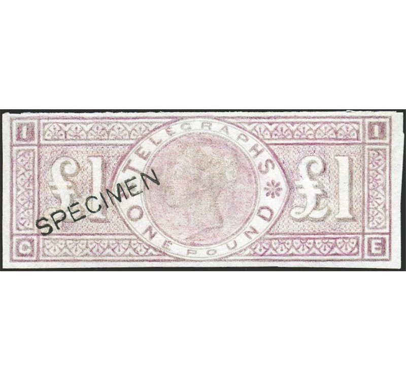 Gran Bretagna - 1870 - Francobolli telegrafici 1 £ bruno violetto stampa debole non dent. e con soprast. "specimen", Gibbons Spe