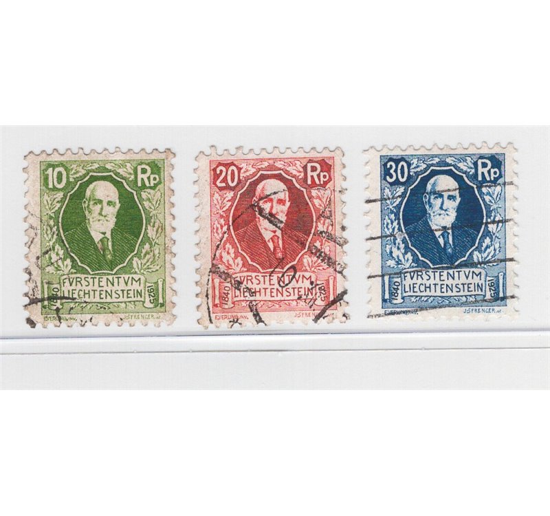 Liechtenstein - 1925 - 85° Compleanno del principe Giovanni II, serie n° 72/74. Cat. € 50 (U)