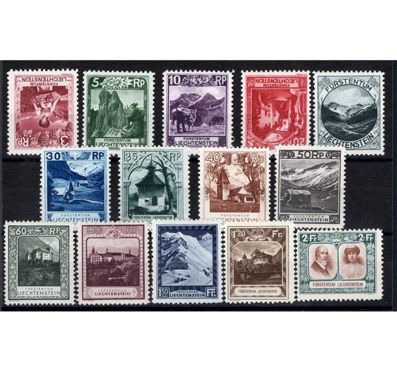 Liechtenstein - 1930 - Soggetti diversi, serie n° 94/107 nelle dent. più comuni. Cert.: ED. Cat. € 2.150 (**)