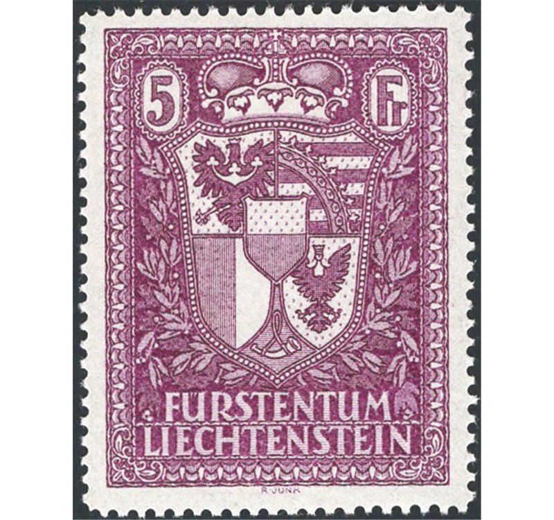Liechtenstein - 1935 - Esposizione Filatelica di Vaduz 5 fr. lilla dent. 12½, n° 128. Cert.: IC. Cert.: Bolaffi. Cat. € 750 (**)