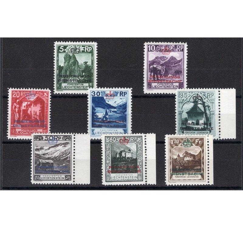 Liechtenstein - 1932 - Servizio Vedute del 1930 soprast. "Regierungs Dienstsache" e corona, le dent. più comuni, n° 1/8. Cert.: 