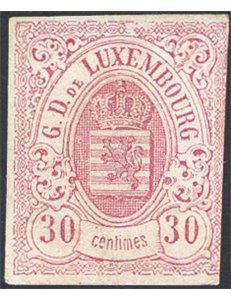 Lussemburgo - 1859 - Stemma 30 c. lilla senza gomma come da emissione, un margine a filo, n° 9 in buono stato. Firm.: Raybaudi -