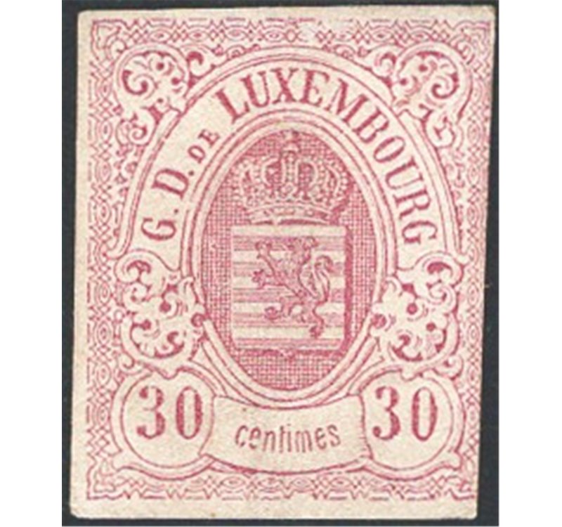Lussemburgo - 1859 - Stemma 30 c. lilla senza gomma come da emissione, un margine a filo, n° 9 in buono stato. Firm.: Raybaudi -