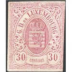 Lussemburgo - 1859 - Stemma 30 c. lilla senza gomma come da emissione, un margine a filo, n° 9 in buono stato. Firm.: Raybaudi -
