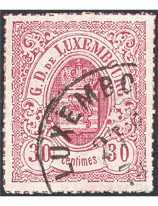 Lussemburgo - 1865/75 - Stemma 30 c. lilla perforato a trattini colorati, n° 21. Cat. € 95 (U)