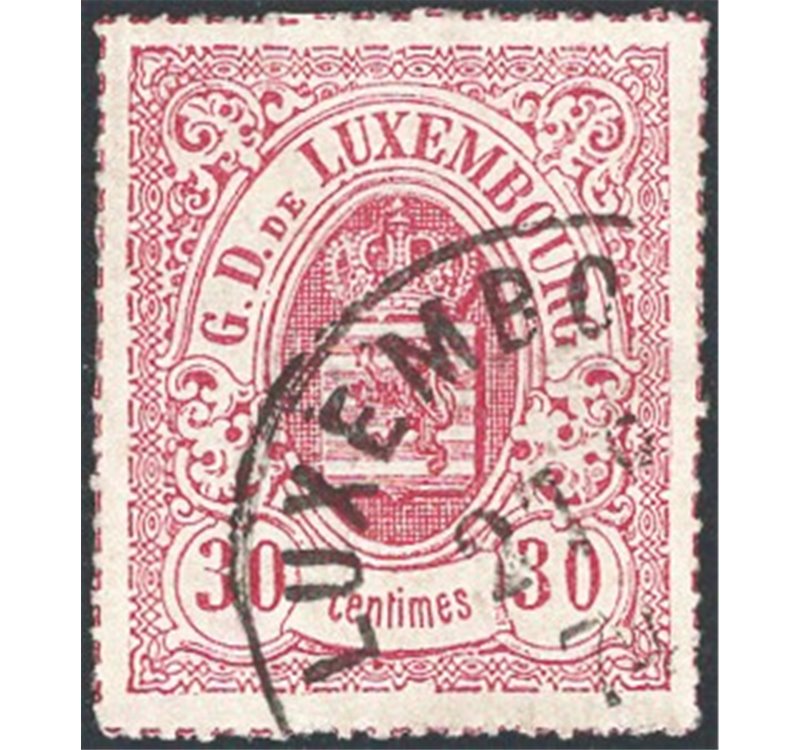 Lussemburgo - 1865/75 - Stemma 30 c. lilla perforato a trattini colorati, n° 21. Cat. € 95 (U)