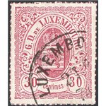 Lussemburgo - 1865/75 - Stemma 30 c. lilla perforato a trattini colorati, n° 21. Cat. € 95 (U)