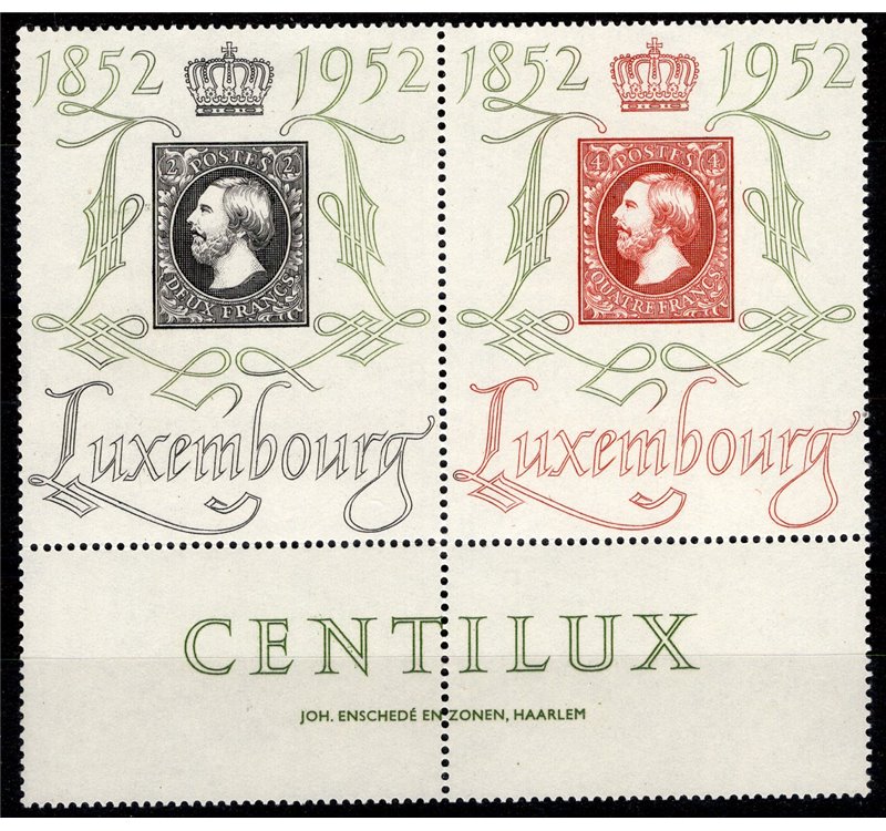 Lussemburgo - 1952 - Centenario del Francobollo Lussemburghese il dittico, n° 454A. Cat. € 120 (**) 