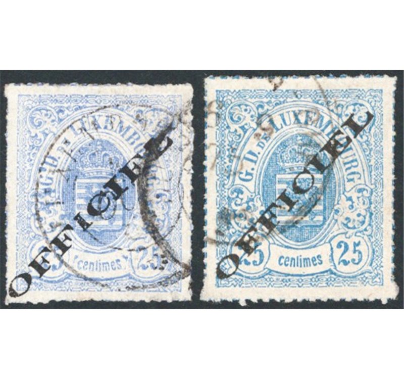 Lussemburgo - 1875/91 - Servizio stemma 25 c. oltremare + 25 c. azzurro, n° 6+6a. Cert.: ED. Cat. € 1.900 (U)
