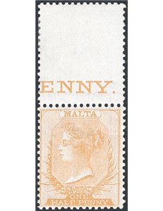 Malta - 1863/74 - Vittoria ½ p. giallo bistro filigrana “CC”, dent. 14, n° 3. Firm.: Chia. Cert.: IC. Cat. € 250 (**)