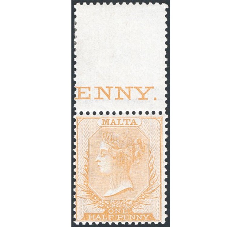 Malta - 1863/74 - Vittoria ½ p. giallo bistro filigrana “CC”, dent. 14, n° 3. Firm.: Chia. Cert.: IC. Cat. € 250 (**)