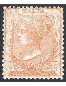 Malta - 1863/74 - Vittoria ½ p. bruno arancio filigrana “CC”, dent. 14, n° 3b. Cat. € 195 (*)