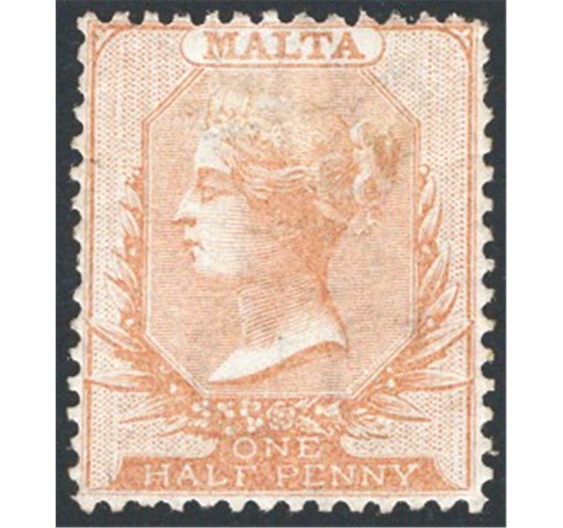 Malta - 1863/74 - Vittoria ½ p. bruno arancio filigrana “CC”, dent. 14, n° 3b. Cat. € 195 (*)
