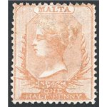 Malta - 1863/74 - Vittoria ½ p. bruno arancio filigrana “CC”, dent. 14, n° 3b. Cat. € 195 (*)