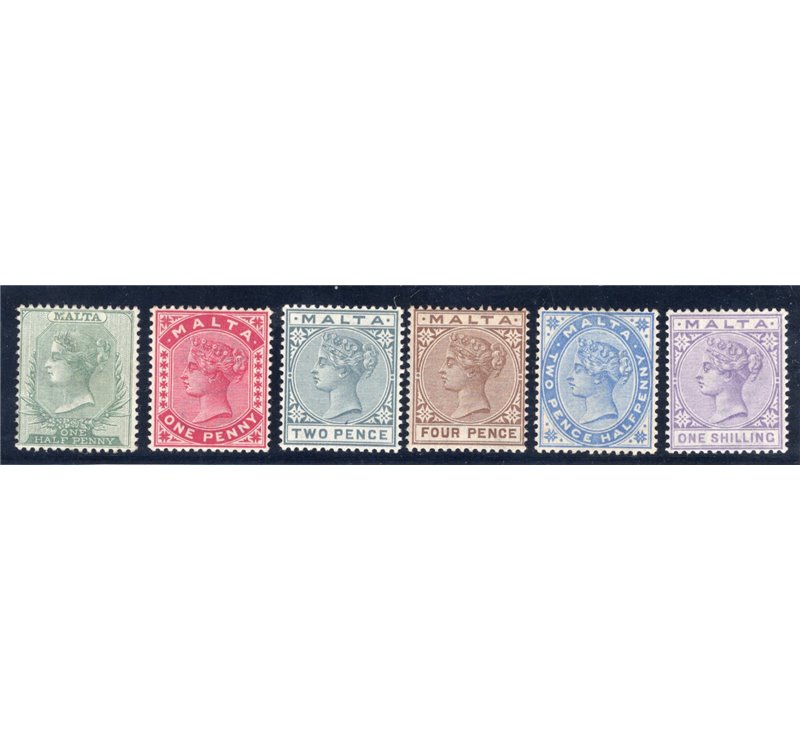 Malta - 1885 - Regina Vittoria, la serie con filigrana “CA” e corona, n° 5/10. Firm.: Chia. Cert.: IC. Cat. € 250 (**)