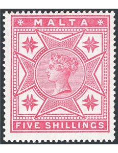 Malta - 1886 - Regina Vittoria 5 sh. rosa, n° 11. Firm.: AD - Raybaudi. Cert.: IC. Cat. € 350 (**)