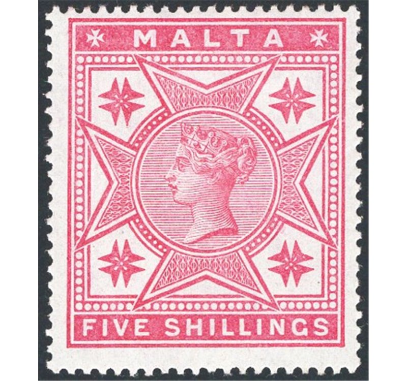 Malta - 1886 - Regina Vittoria 5 sh. rosa, n° 11. Firm.: AD - Raybaudi. Cert.: IC. Cat. € 350 (**)