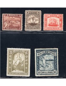 Malta - 1889 - Soggetti vari, la serie con filigrana “CA” per il ½ p., 4½ e 5 p. e “CC” per il 2/6 sh. e 10 sh., n° 12/16. Firm.
