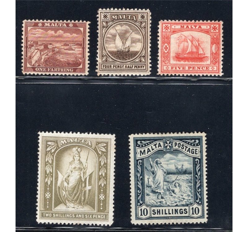 Malta - 1889 - Soggetti vari, la serie con filigrana “CA” per il ½ p., 4½ e 5 p. e “CC” per il 2/6 sh. e 10 sh., n° 12/16. Firm.