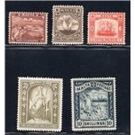 Malta - 1889 - Soggetti vari, la serie con filigrana “CA” per il ½ p., 4½ e 5 p. e “CC” per il 2/6 sh. e 10 sh., n° 12/16. Firm.