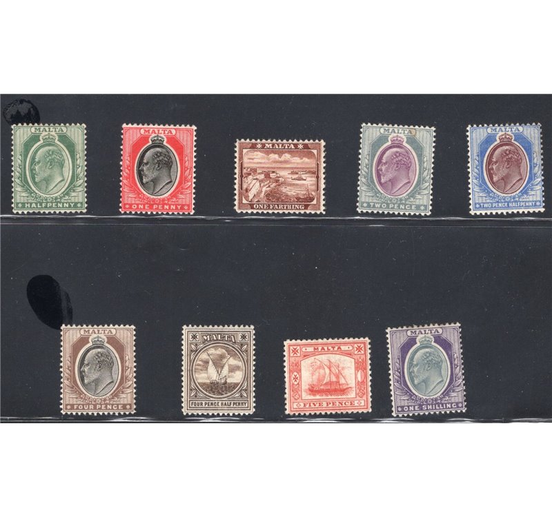 Malta - 1904/6 - Soggetti vari ed effigie di Edoardo VII, serie n° 25/33. Cert.: IC. Cat. € 400 (**)