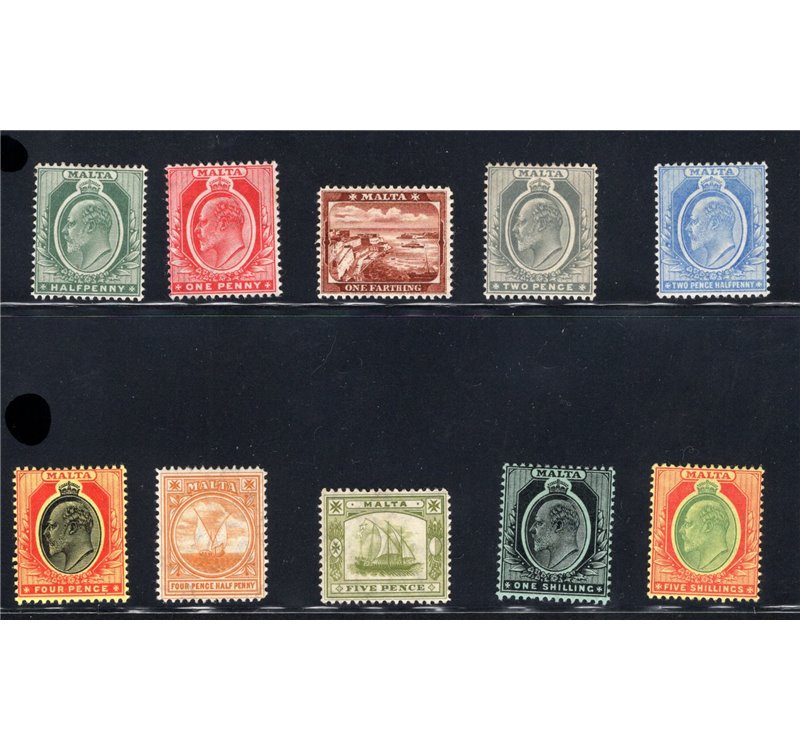 Malta - 1907/11 - Soggetti vari ed effigie di Edoardo VII, serie n° 33A/41. Cert.: IC. Cat. € 350 (**)