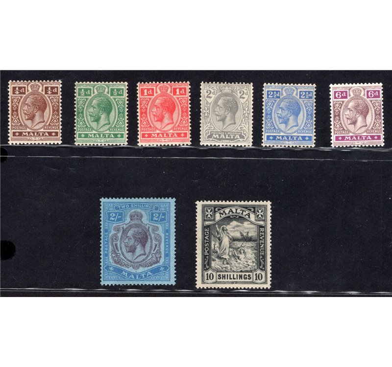 Malta - 1921/22 - Definitiva Giorgio V con filigrana “CA”, serie n° 58/65. Firm.: Chia - ED. Cert.: IC. Cat. € 1.200 (**)