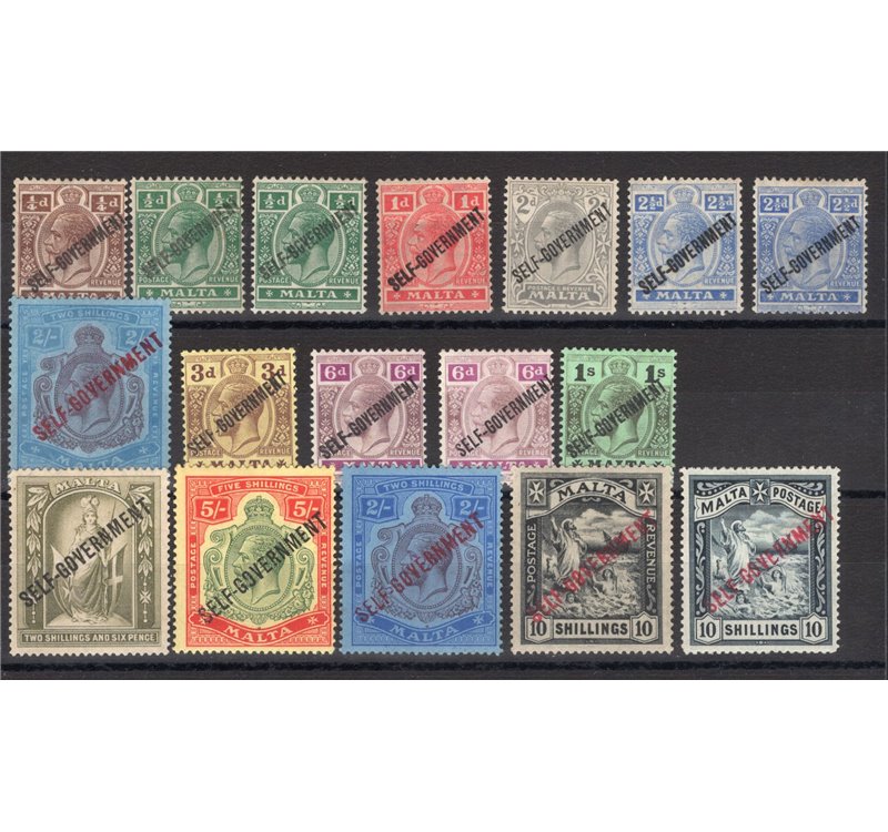Malta - 1922 - Giorgio V con soprast. “SELF GOVERNMENT” in diagonale, serie n° 66/82. Firm.: Chia - ED. Cert.: IC. Cat. € 2.000 