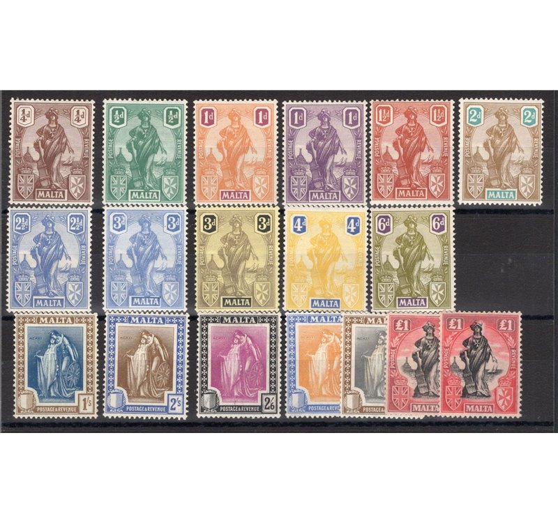 Malta - 1922/25 - Allegorie, serie n° 84/101. Firm.: ED - Chia - Bolaffi. Cert.: IC. Cat. € 750 (**)