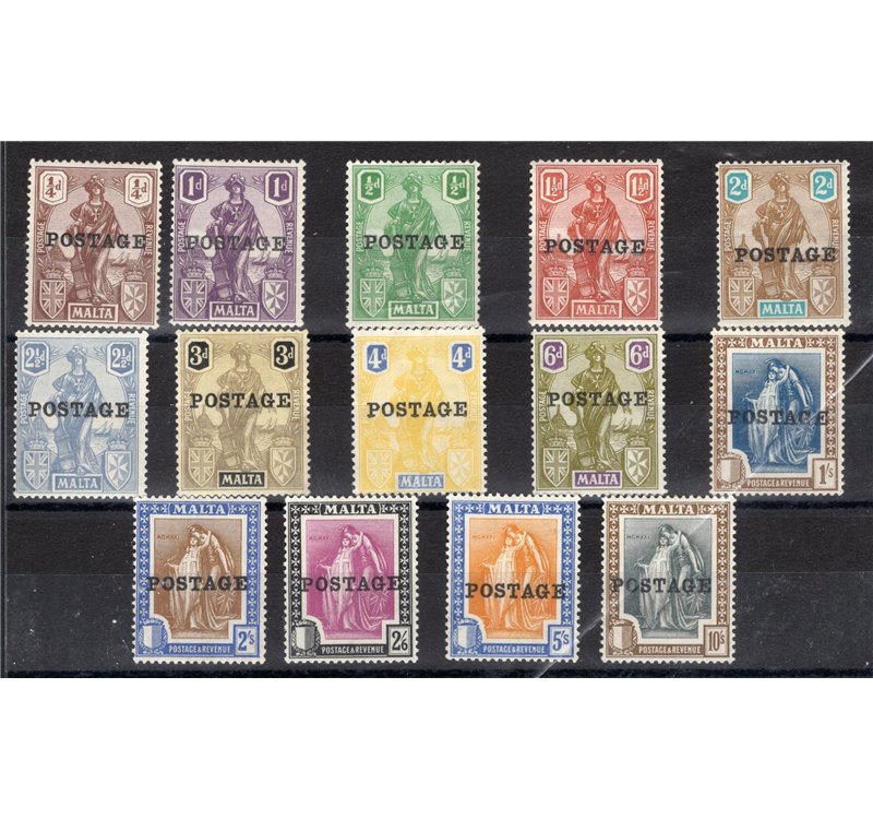 Malta - 1926 - Soprast. “POSTAGE”, serie n° 103/16. Cat. € 220 (**)
