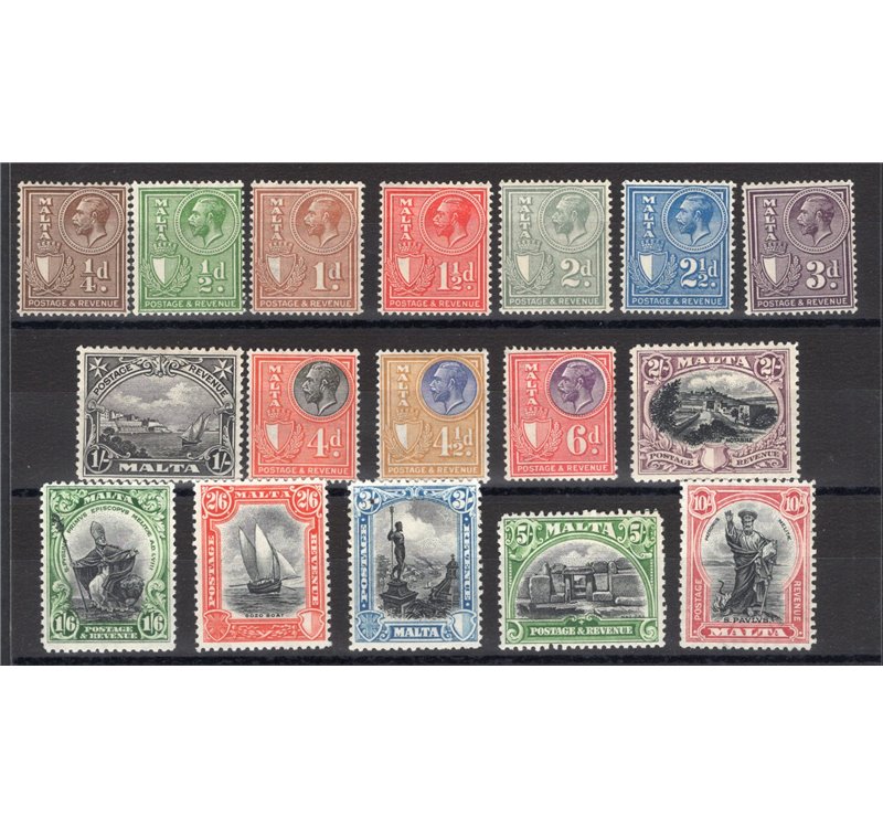 Malta - 1930 - Francobolli del 1926/27 con iscrizioni modificate “POSTAGE & REVENUE” in basso, serie n° 154/70. Cert.: IC. Cat. 