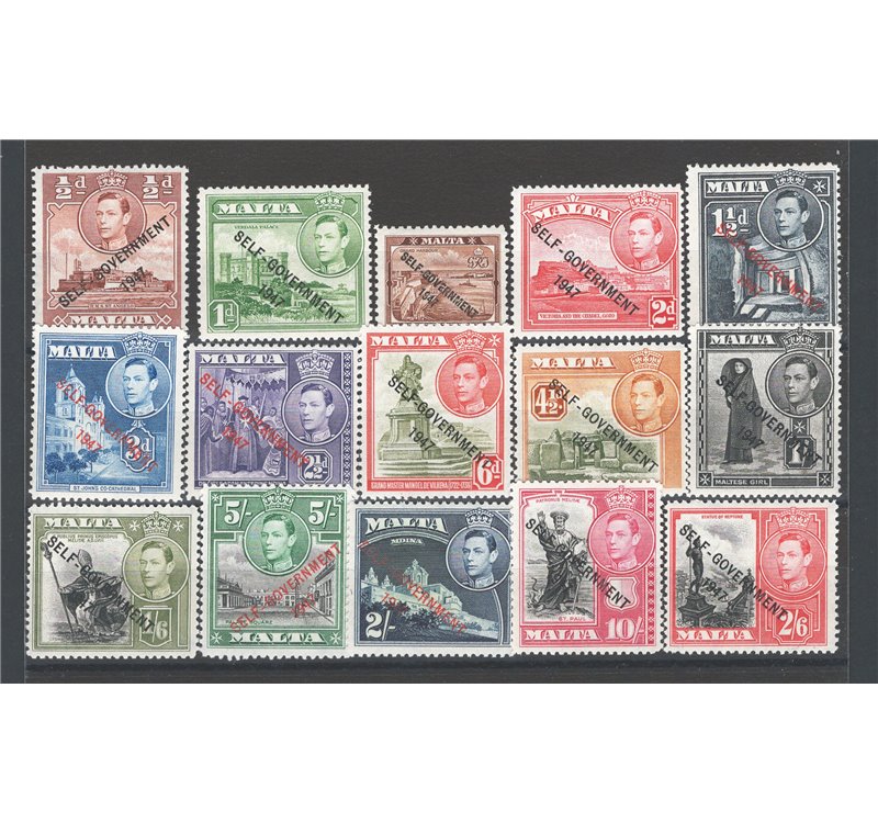 Malta - 1948 - Definitiva Giorgio VI soprast. “SELF GOVERNMENTE”, serie n° 201/15. Cat. € 115 (**)