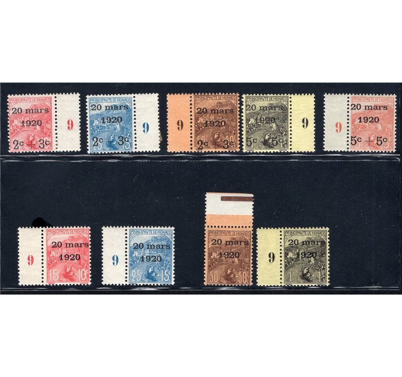 Monaco - 1920 - Matrimonio della Principessa Charlotte senza il 5 fr., serie n° 34/42. Cert.: IC. Cat. € 850+ (**)