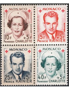 Monaco - 1949 - Croce Rossa dent., serie n° 334A/337A in blocco di 4. Cat. € 80 (**)