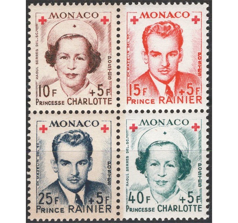 Monaco - 1949 - Croce Rossa dent., serie n° 334A/337A in blocco di 4. Cat. € 80 (**)