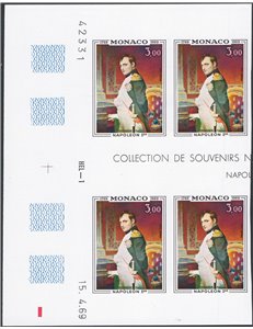 Monaco - 1969 - P.A. Napoleone 3 fr. non dent., n° 94 in quartina angolo di foglio. Cat. € 280+ (**)