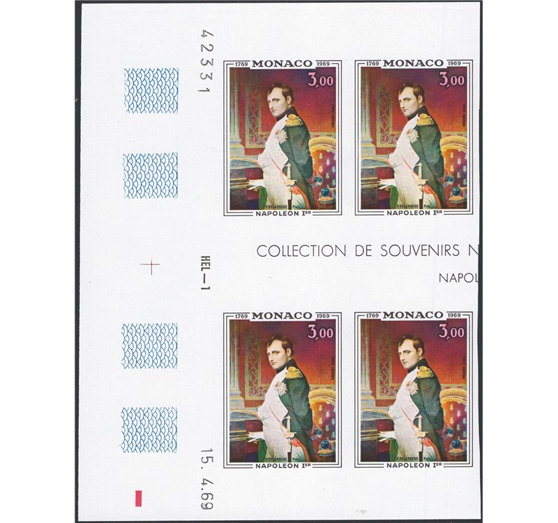 Monaco - 1969 - P.A. Napoleone 3 fr. non dent., n° 94 in quartina angolo di foglio. Cat. € 280+ (**)