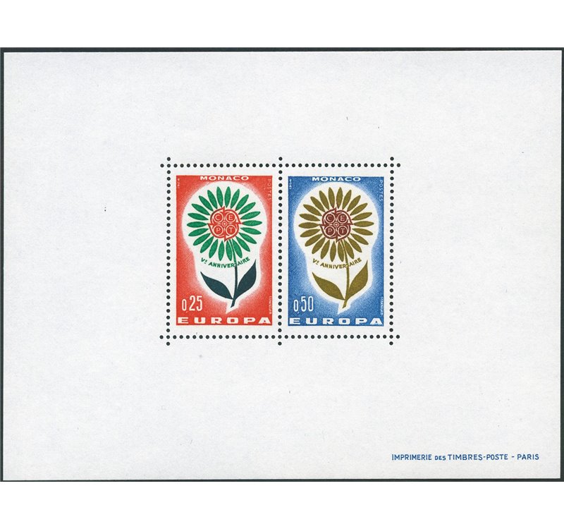 Monaco - 1964 - BFS Europa Cept, blocco speciale, n° 6. Cert.: Bolaffi - ED. Cat. € 1.850 (**)