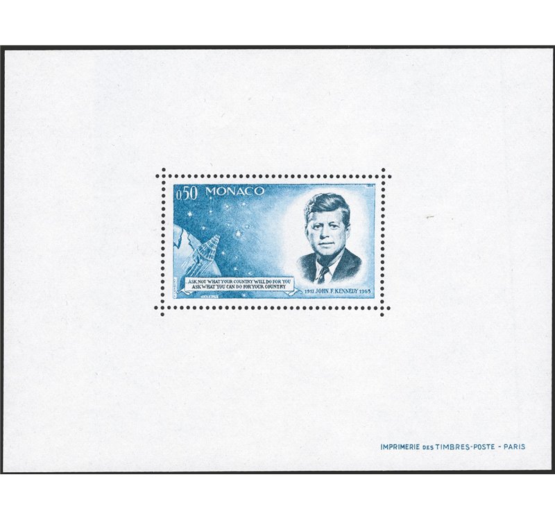 Monaco - 1964 - BFS Anniv. della Morte di J.K. Kennedy, il foglietto speciale dent., n° 8. Cert.: Biondi. Cat. € 500 (**)