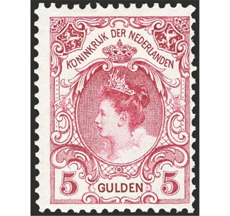 Olanda - 1898 - Regina Guglielmina 5 g. lilla bruno, n° 63. Cert.: ED. Cat. € 290 (*)