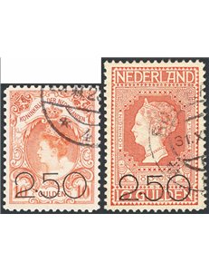 Olanda - 1920 - Francobolli del 1898/1913 soprast. con nuovo valore, n° 96/97. Cert.: IC. Cat. € 310 (U)