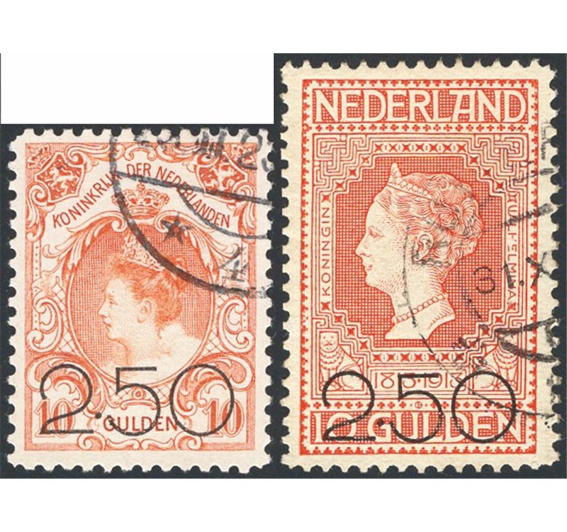 Olanda - 1920 - Francobolli del 1898/1913 soprast. con nuovo valore, n° 96/97. Cert.: IC. Cat. € 310 (U)